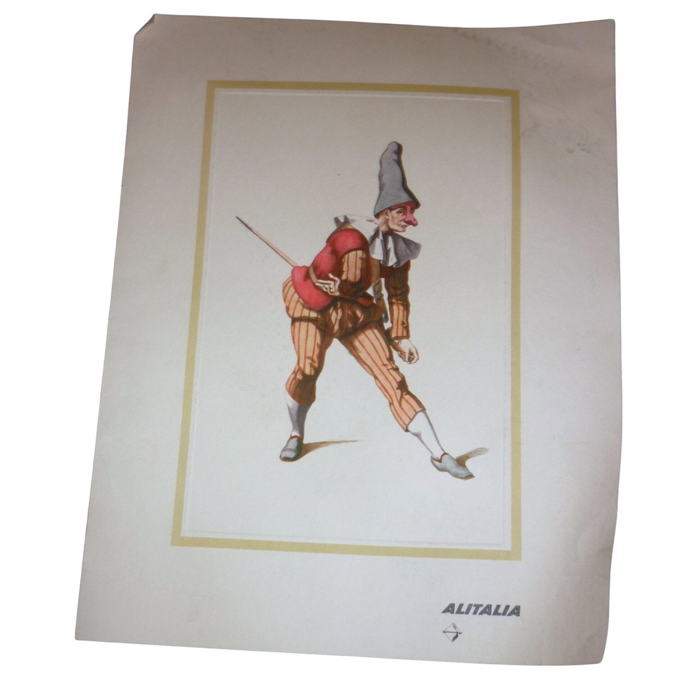 Vintage Alitalia Airlines Commedia dell'Arte‎ Print Giangurgolo Calabria Mask
